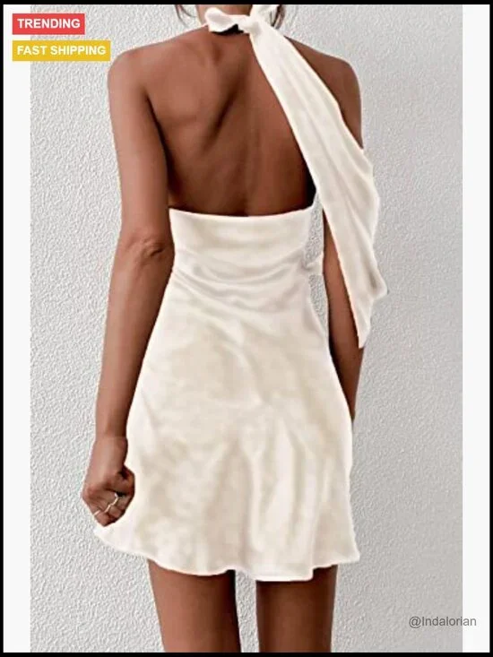 Satin Cowl Neck Halterneck Backless Mini Dress Slip On Bodycon - Picture 4 of 5